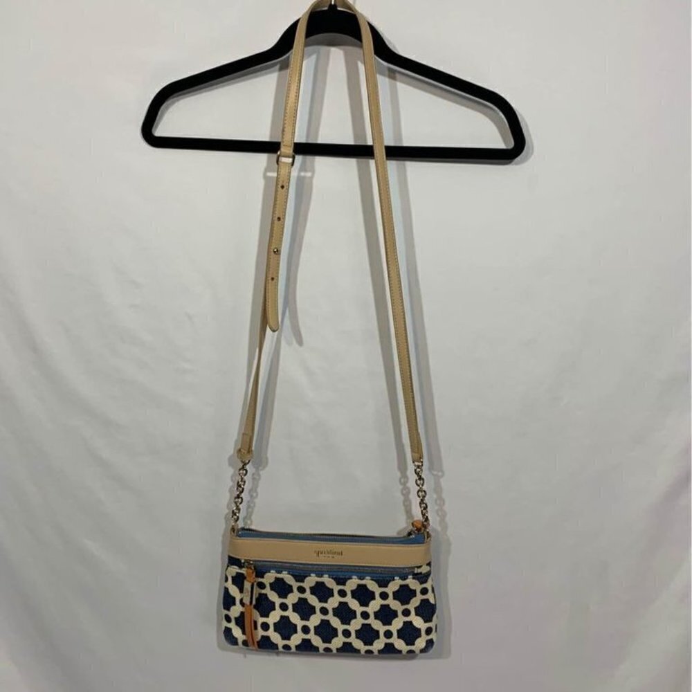 𝅺spartina 449 natural linen- genuine leather purse. Navy/white/tan.